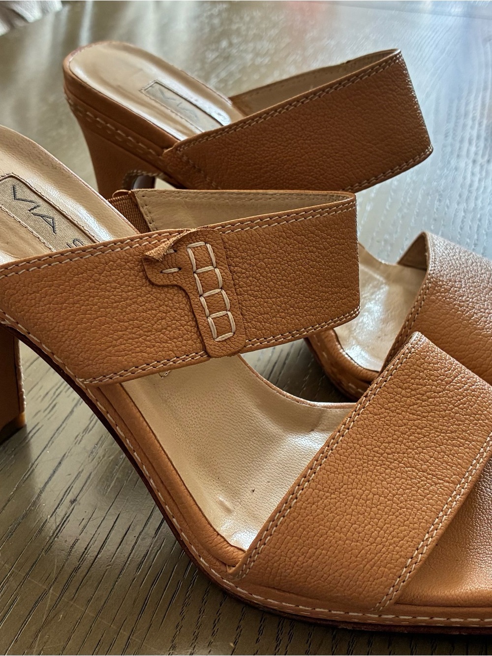 Via Spiga Tan Leather Double-Band Block Heel Mules